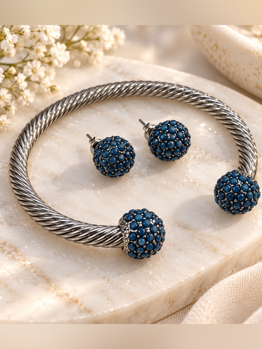 925s Open Cuff Bangle Earrings Set Turquoise Beads Silver Bracelet Earrings